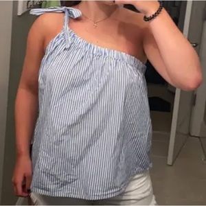 Gap One Shoulder Tie Sleeveless Blue White Stripe Top Size L